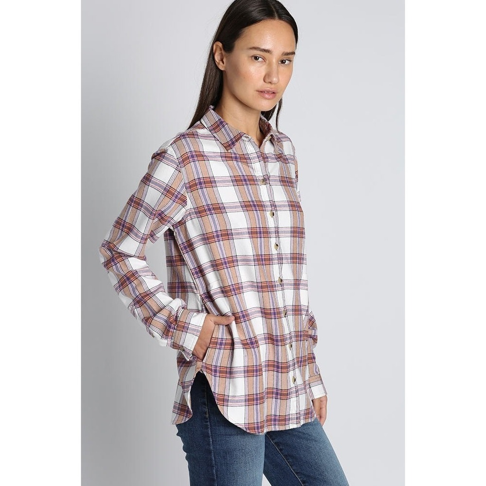 JACHS‎ Girlfriend Anniversary Flannel Shirt L Tan Purple Pink Plaid Soft Pockets